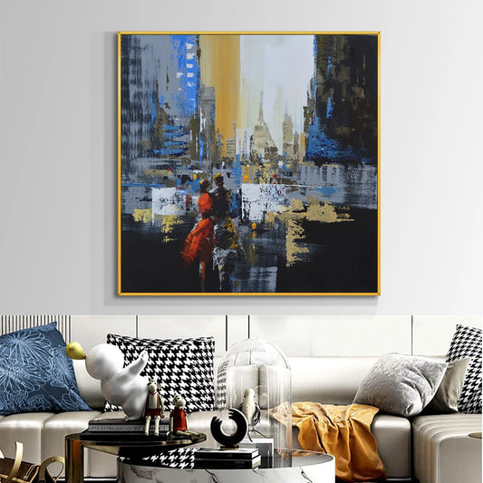 HAND DRAWN Loving Couple in City Oil Painting