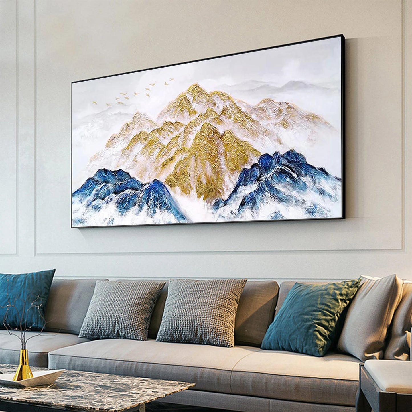 Blue and Gold Mountains Oil Painting Handmade