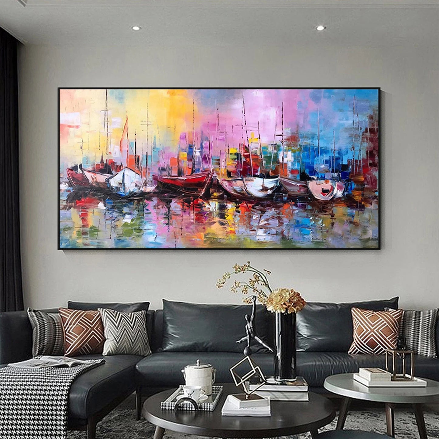 The Colorful Harbor Oil Painting Handmade