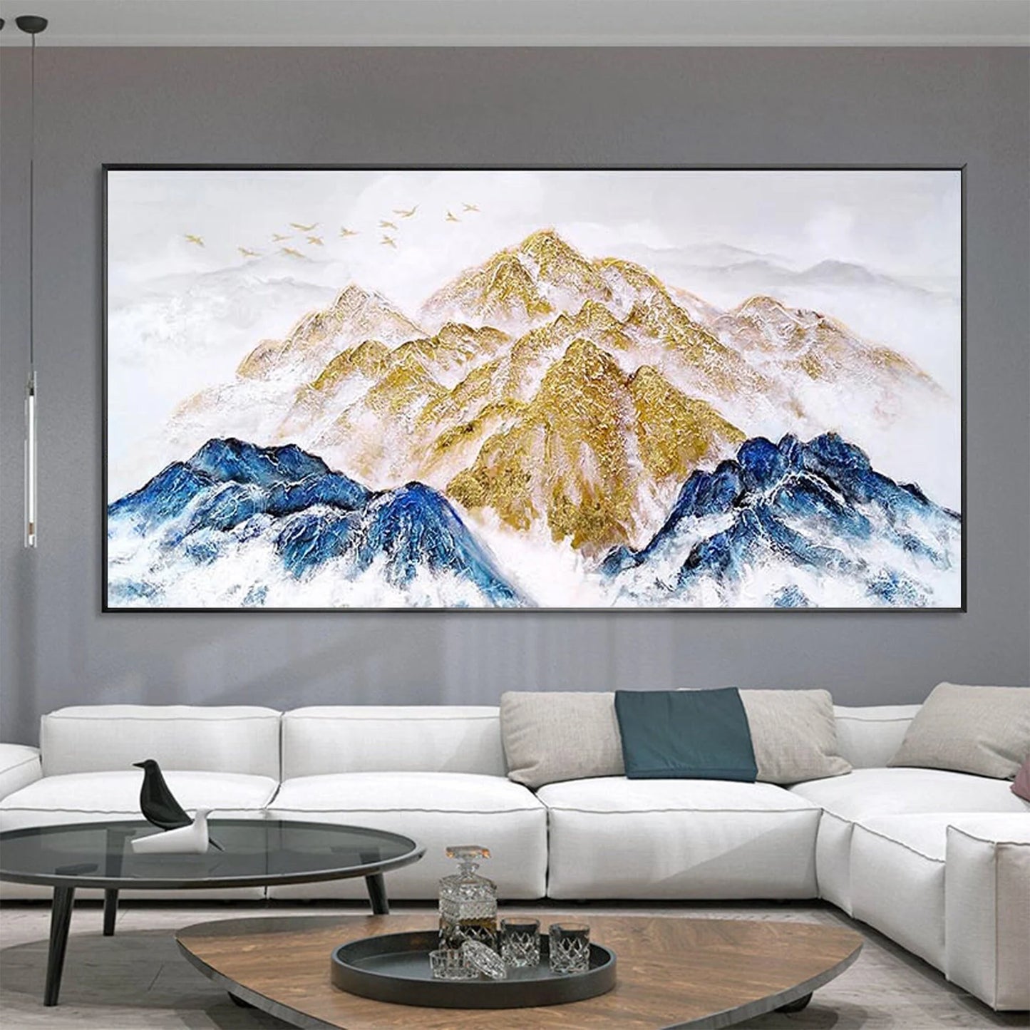 Blue and Gold Mountains Oil Painting Handmade