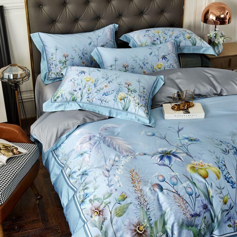 Flowers on Blue Duvet Cover Set (100% Egyptian Cotton)