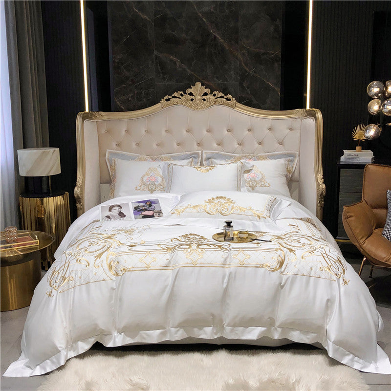 Golden Sweep White Duvet Cover Set (100% Egyptian Cotton)