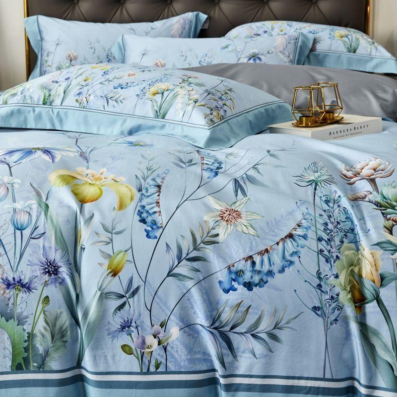 Flowers on Blue Duvet Cover Set (100% Egyptian Cotton)