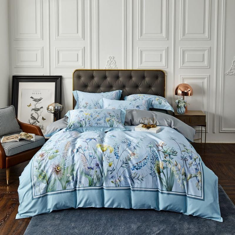 Flowers on Blue Duvet Cover Set (100% Egyptian Cotton)