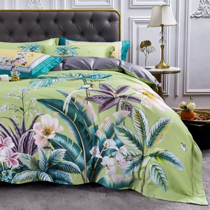 Flowers with Birds Green Duvet Cover Set (100% Egyptian Cotton)