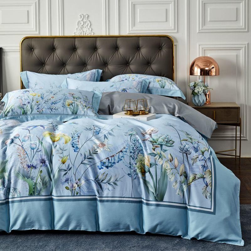 Flowers on Blue Duvet Cover Set (100% Egyptian Cotton)