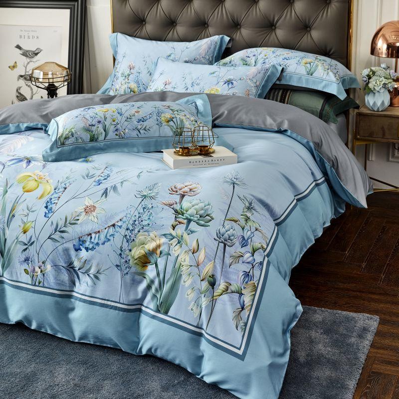 Flowers on Blue Duvet Cover Set (100% Egyptian Cotton)