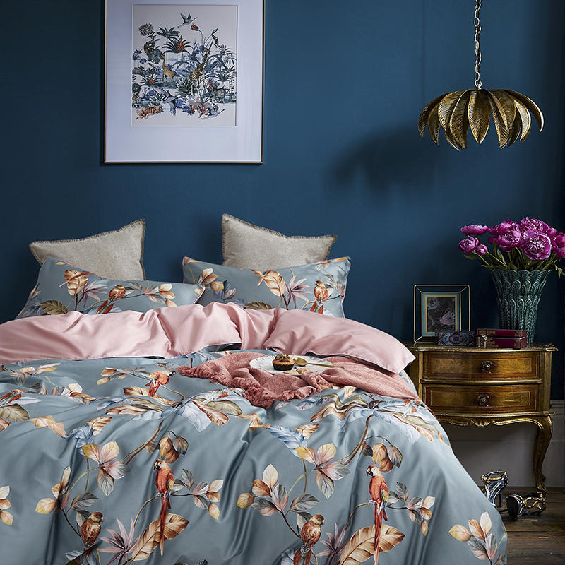 Parrot with Flower Blue Duvet Cover Set (100% Egyptian Cotton)