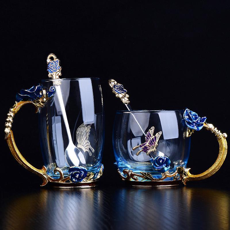 Rose Butterfly Glass with Spoon Set