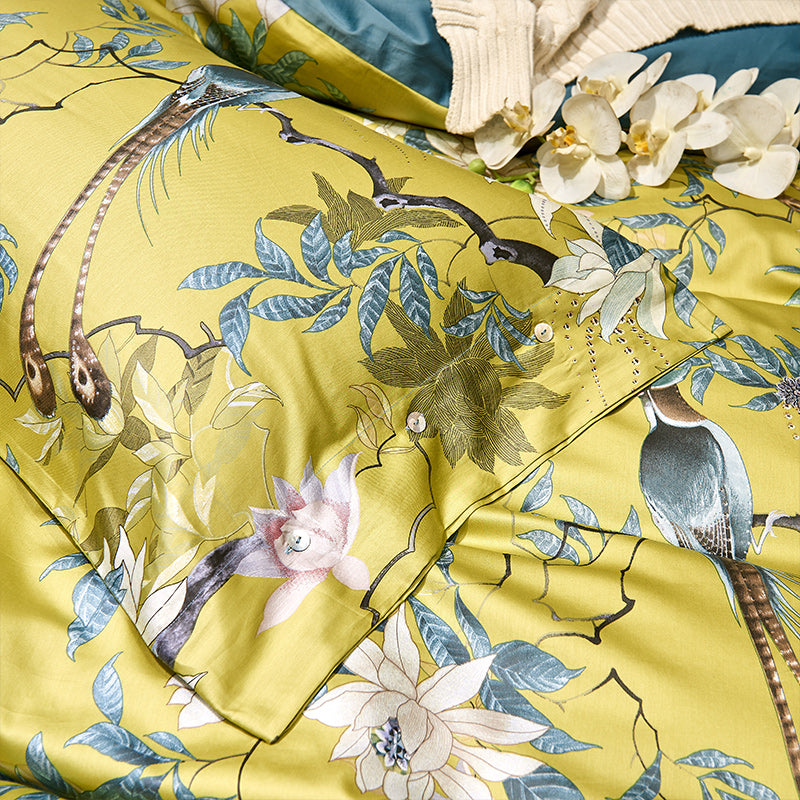 Bird and Flowers Yellow Duvet Cover Set (100% Egyptian Cotton)