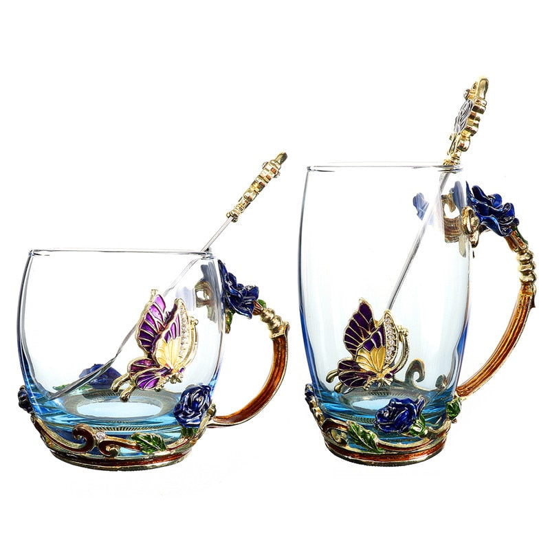 Rose Butterfly Glass with Spoon Set