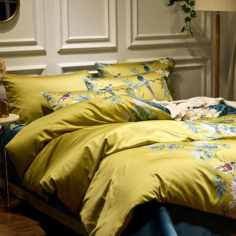 Bird and Flowers Yellow Duvet Cover Set (100% Egyptian Cotton)