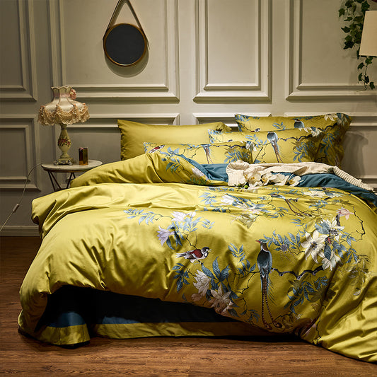 Bird and Flowers Yellow Duvet Cover Set (100% Egyptian Cotton)