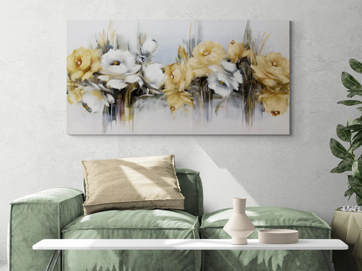 Yellow and white flowers with silver glitter (hand placed) canvas