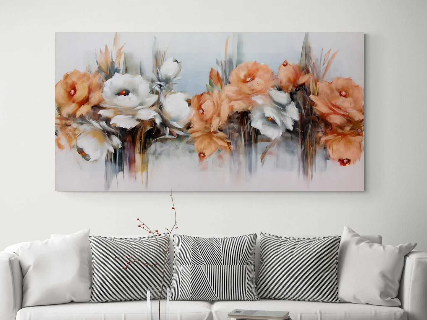 Orange and white flowers with silver glitter (hand placed) canvas