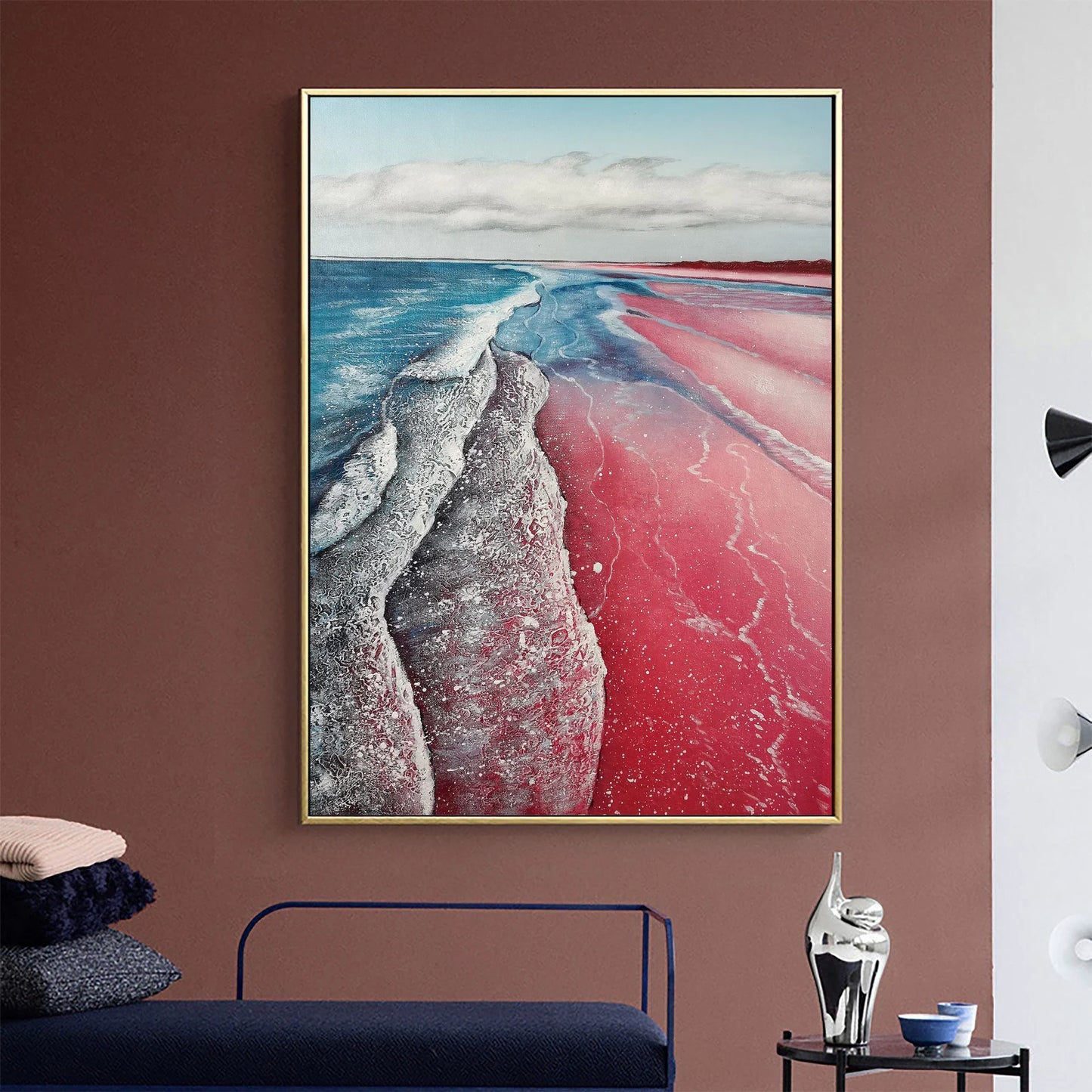 Beach Ocean Pink Oil Painting Handmade