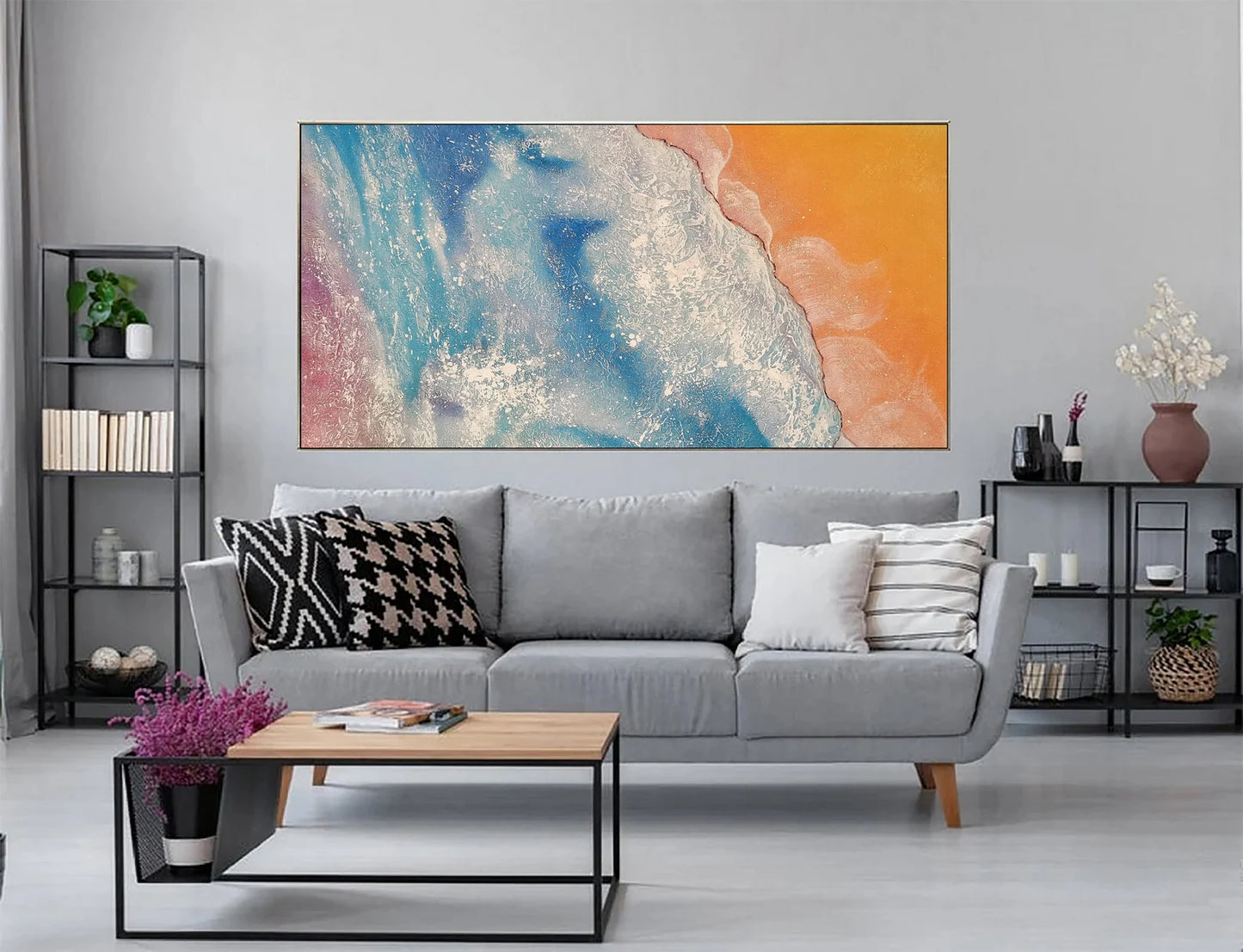 Beach Ocean Orange Oil Painting Handmade