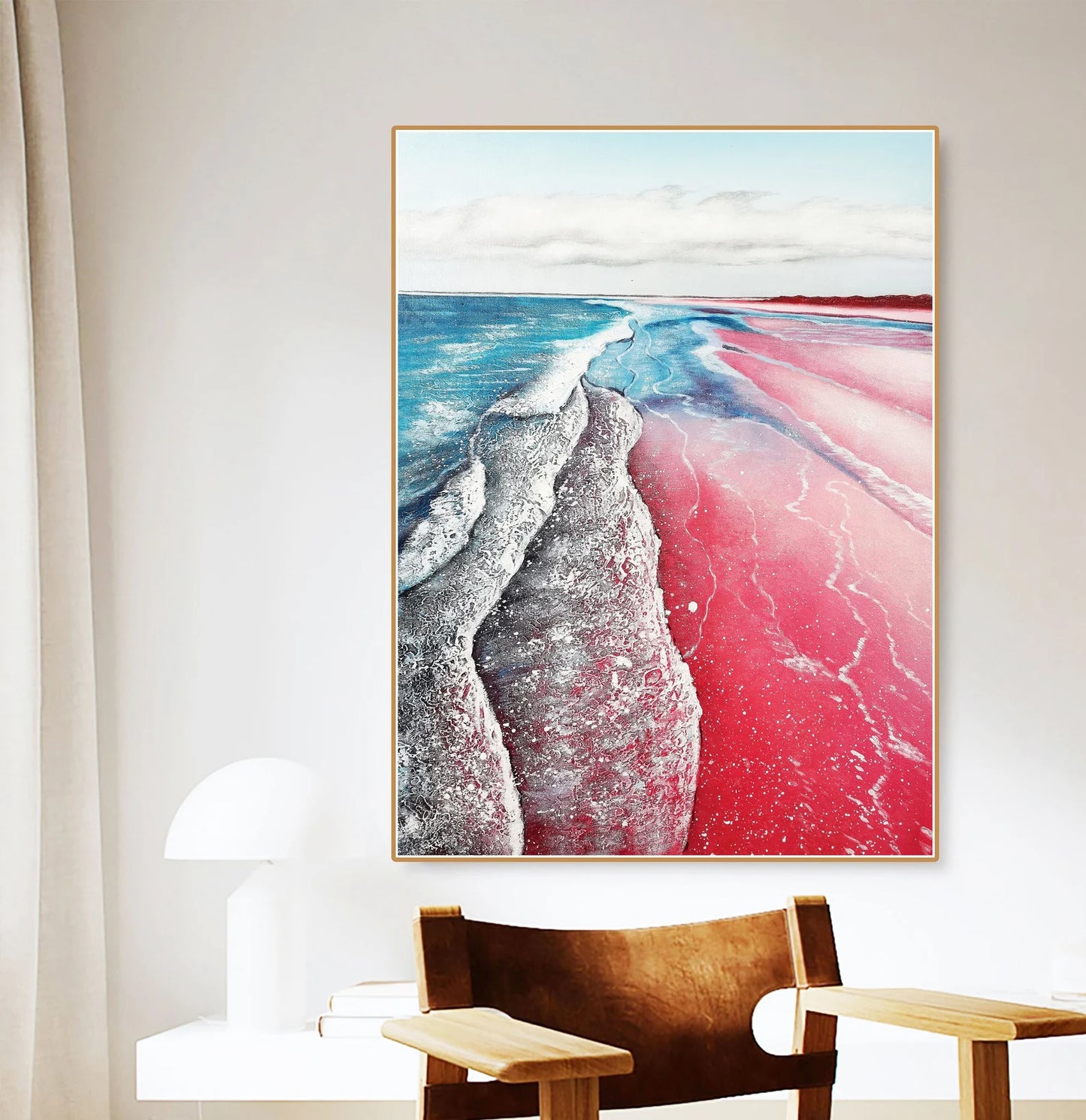 Beach Ocean Pink Oil Painting Handmade