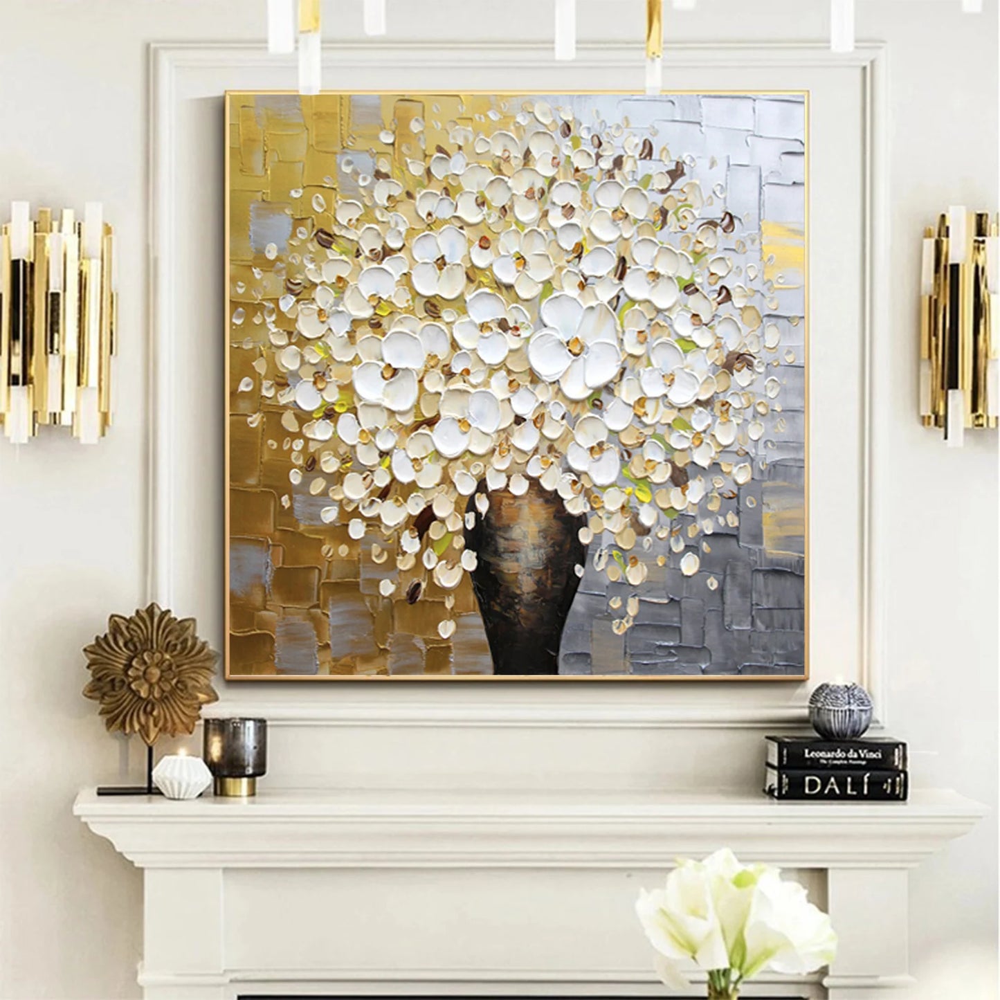 HAND DRAWN Cherry Blossom Tree Yellow Silver Oil Painting