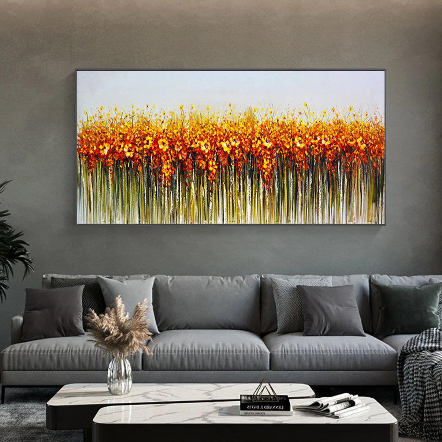 HAND DRAWN Flower Field Orange Yellow Oil Painting