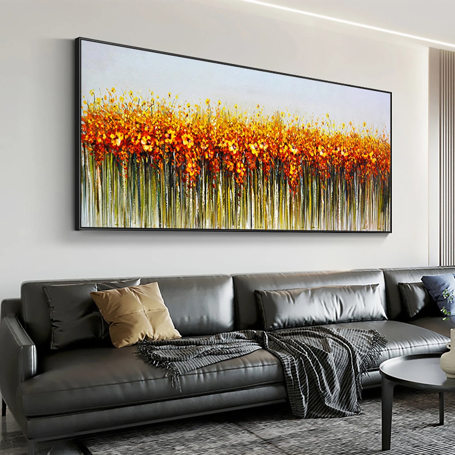 HAND DRAWN Flower Field Orange Yellow Oil Painting