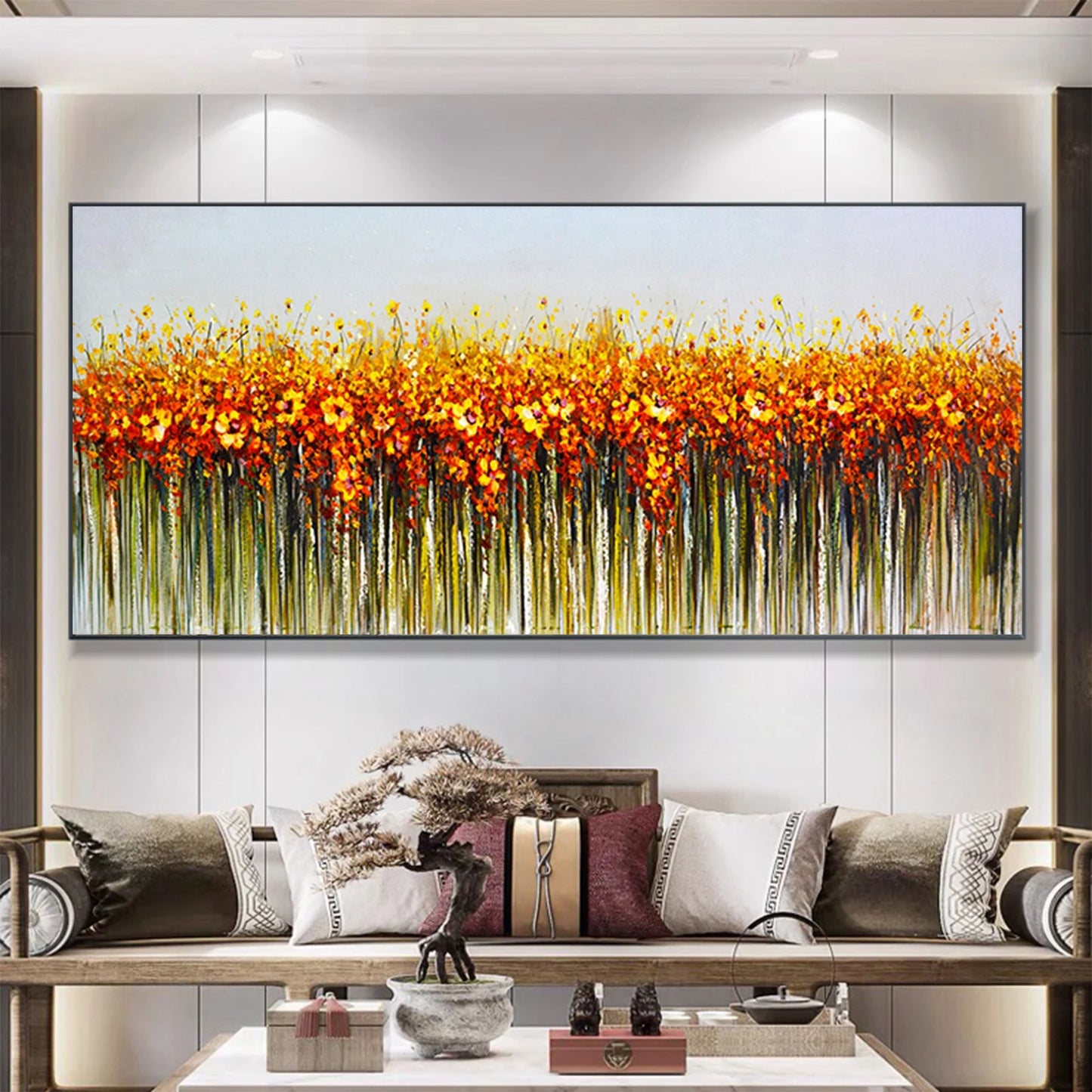 HAND DRAWN Flower Field Orange Yellow Oil Painting