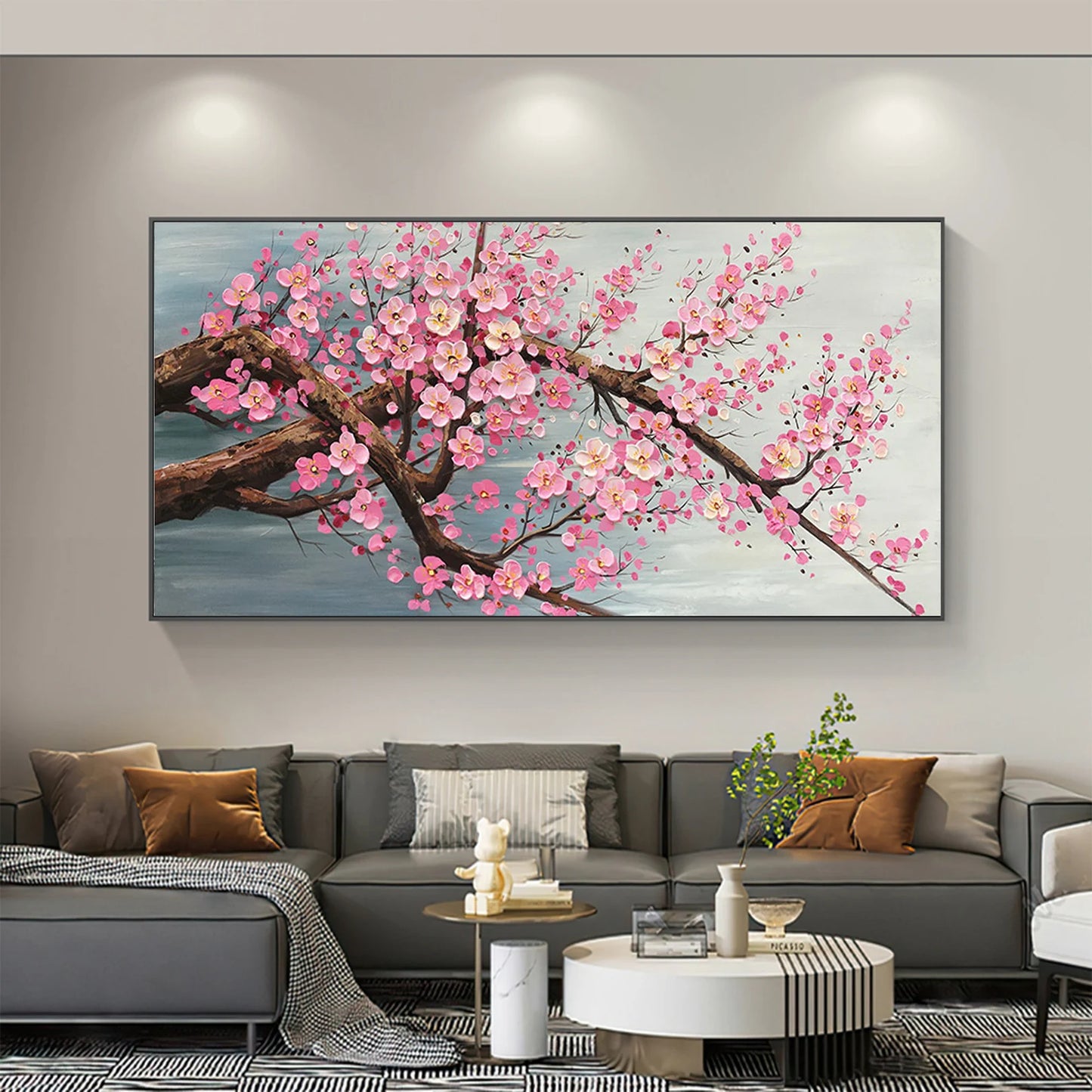 Cherry Blossoms Pink on Branch Oil Painting Handmade