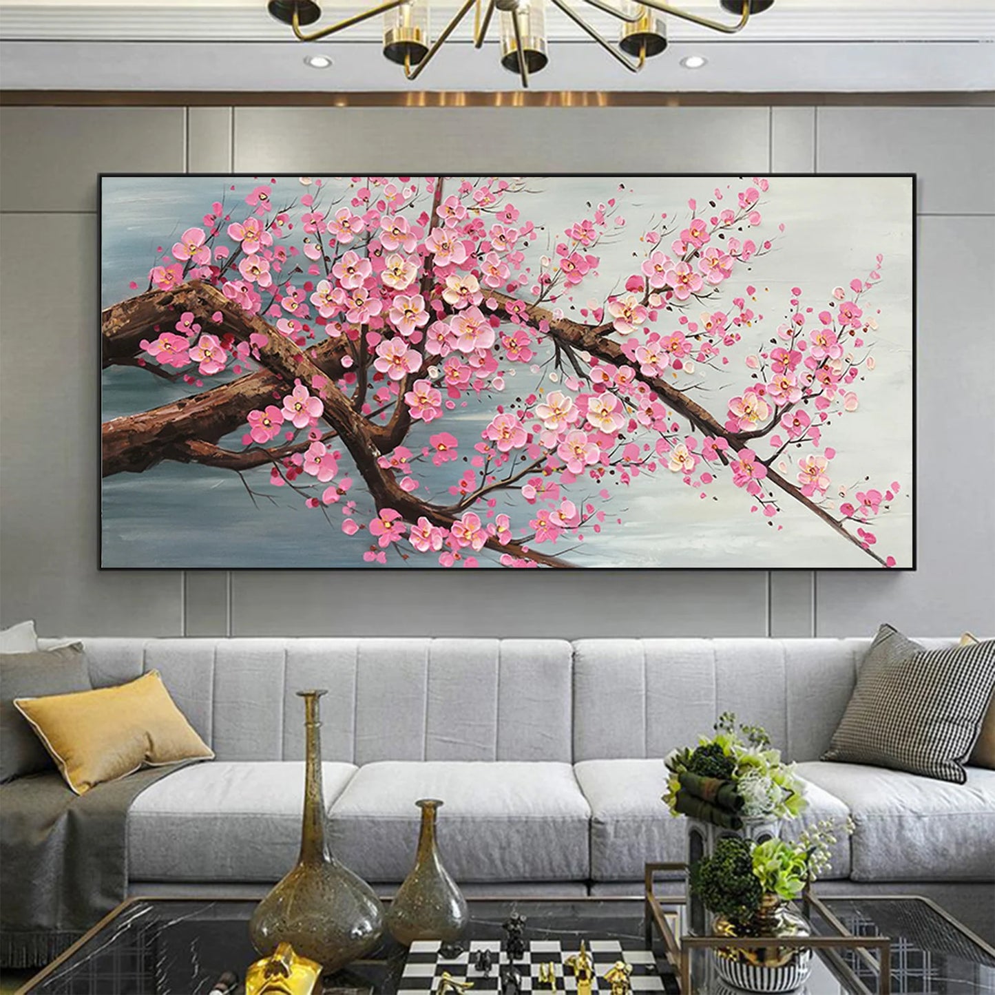 Cherry Blossoms Pink on Branch Oil Painting Handmade