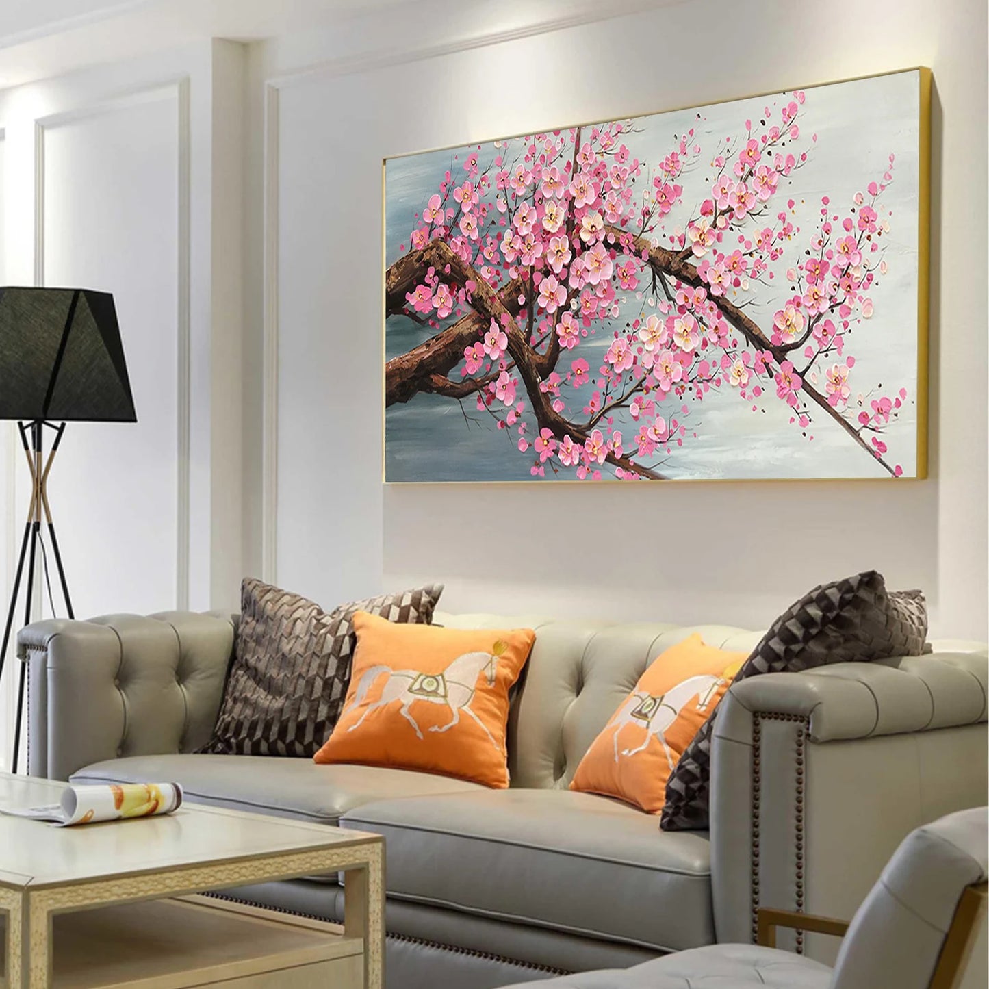 Cherry Blossoms Pink on Branch Oil Painting Handmade