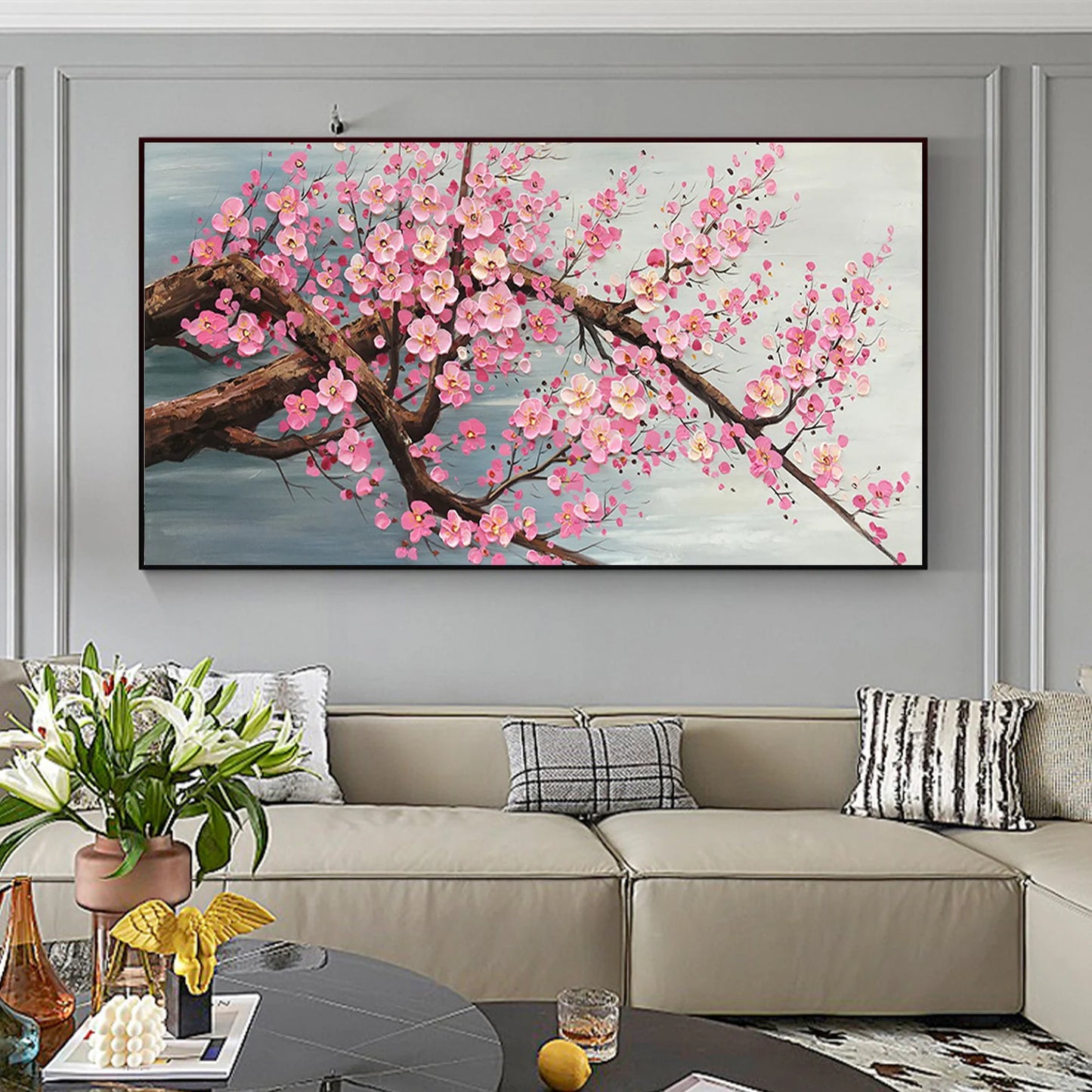 Cherry Blossoms Pink on Branch Oil Painting Handmade