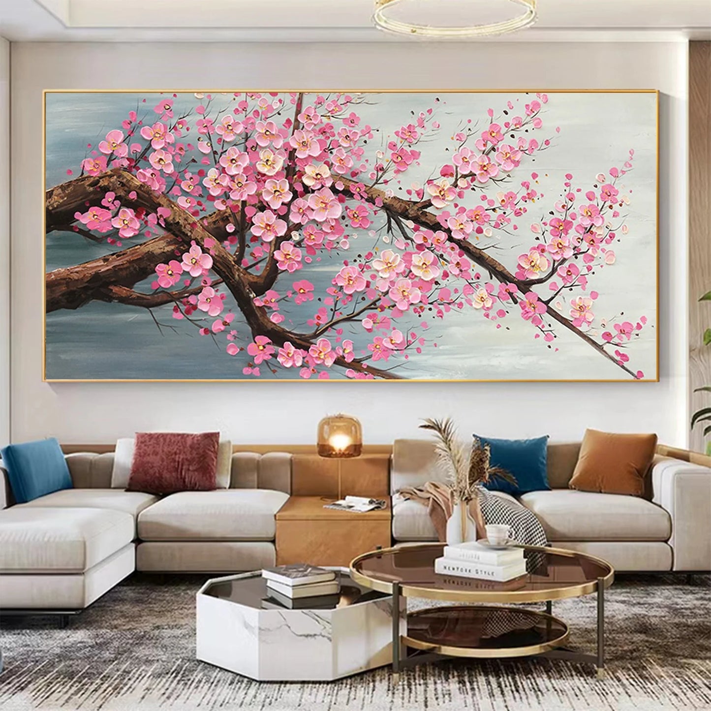 Cherry Blossoms Pink on Branch Oil Painting Handmade