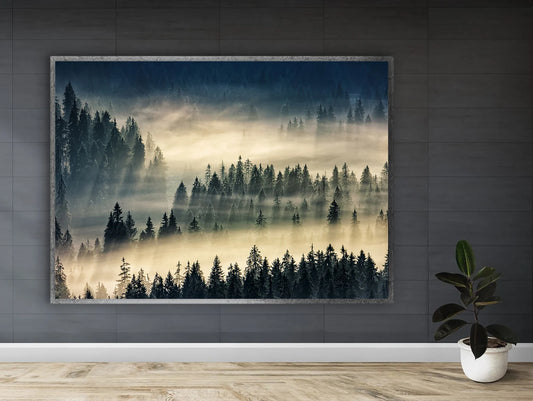 Forest with fog canvas art with frame