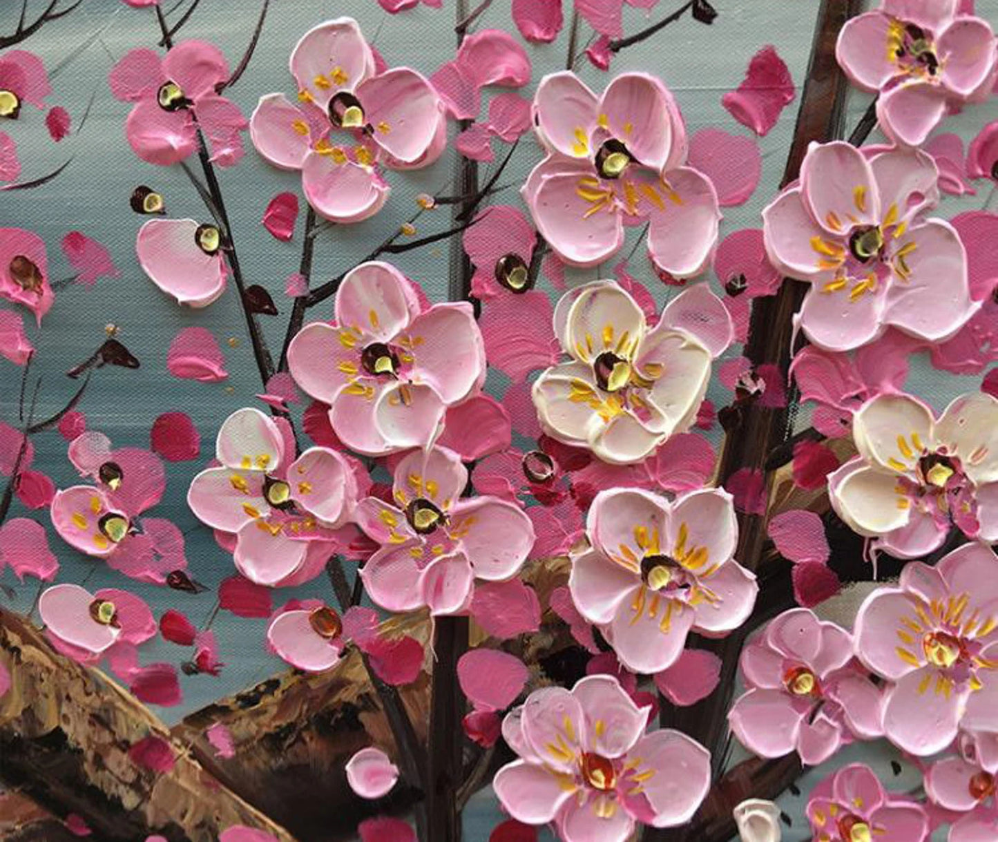 Cherry Blossoms Pink on Branch Oil Painting Handmade