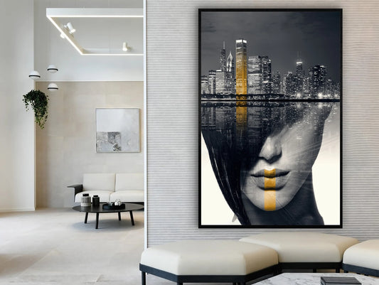 Woman in skyline canvas art with frame