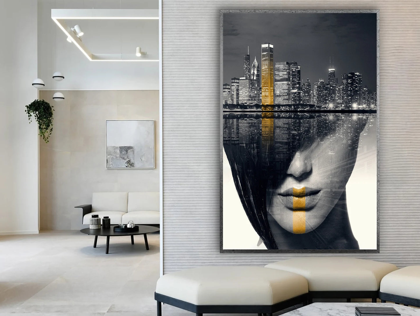 Woman in skyline canvas art with frame