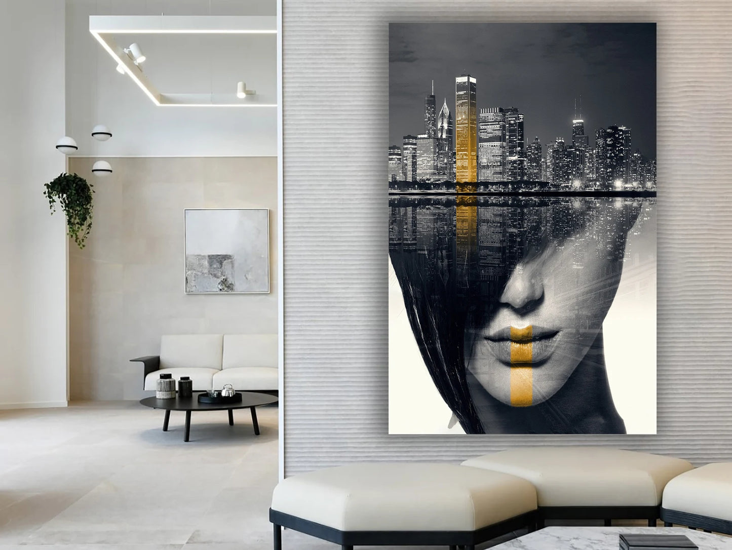 Woman in skyline canvas art with frame