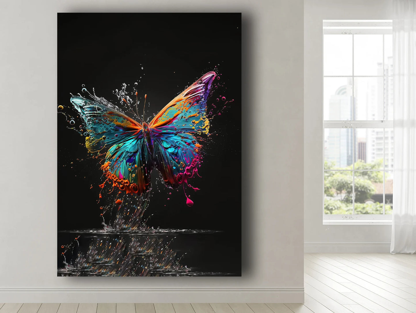 Colorful butterfly on black canvas