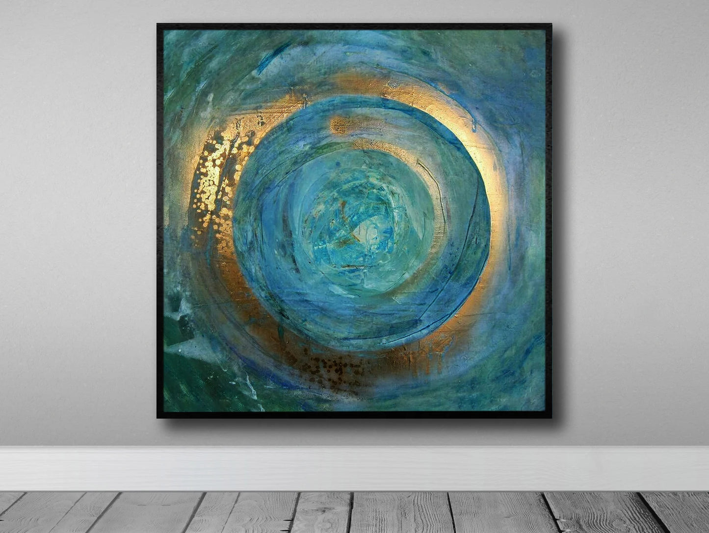 Golden Circle in Blue Canvas Art Handmade Gold Glitter