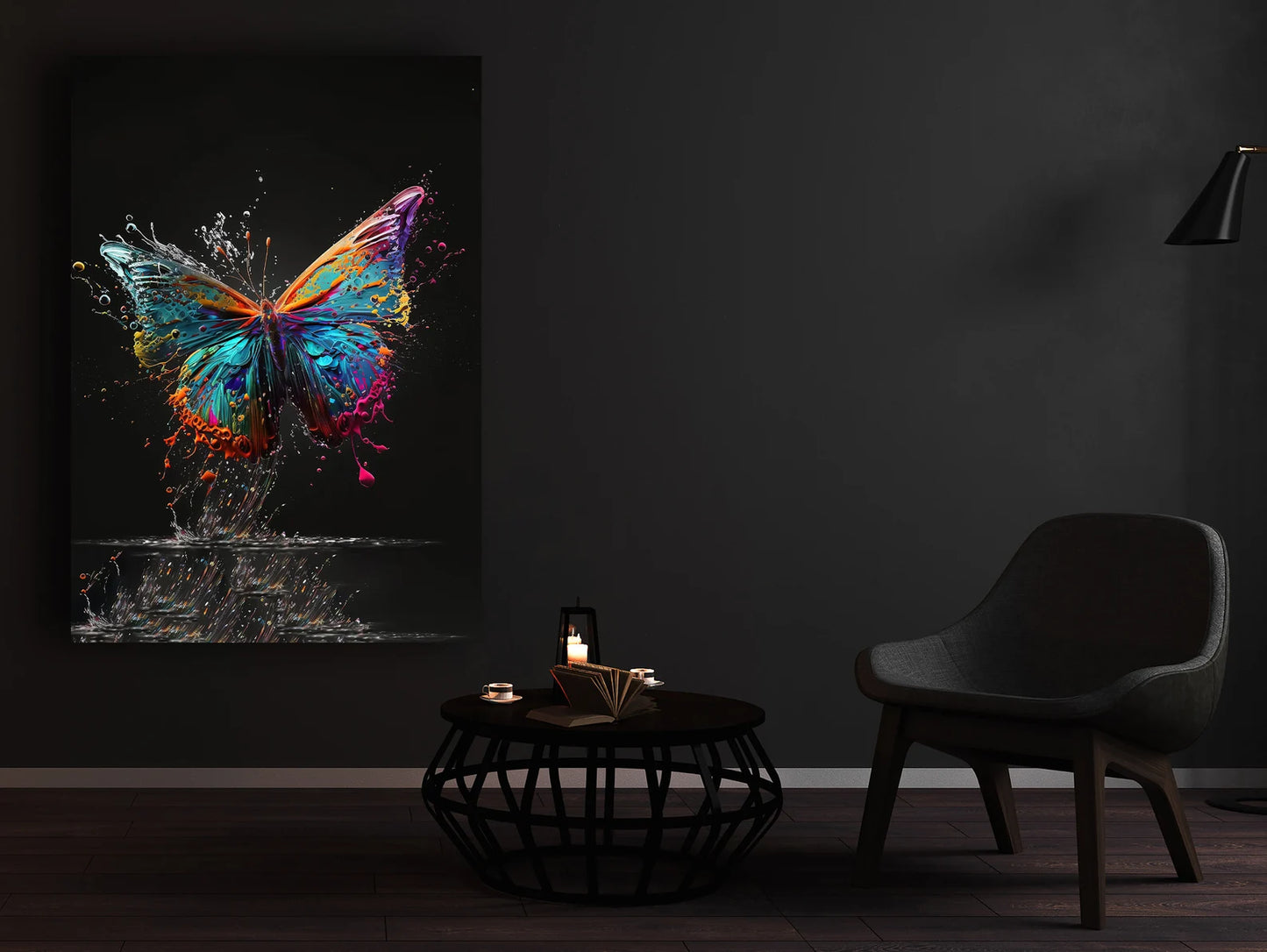 Colorful butterfly on black canvas