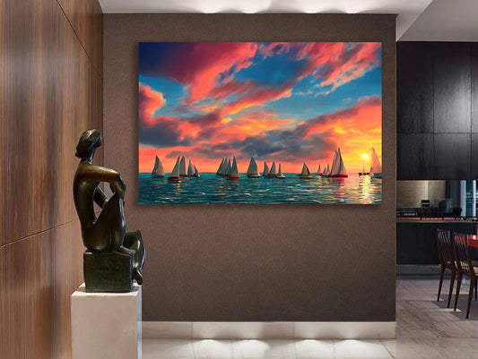 Boats on Sea Sunset Canvas