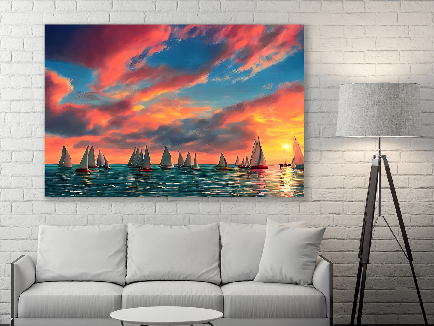 Boats on Sea Sunset Canvas