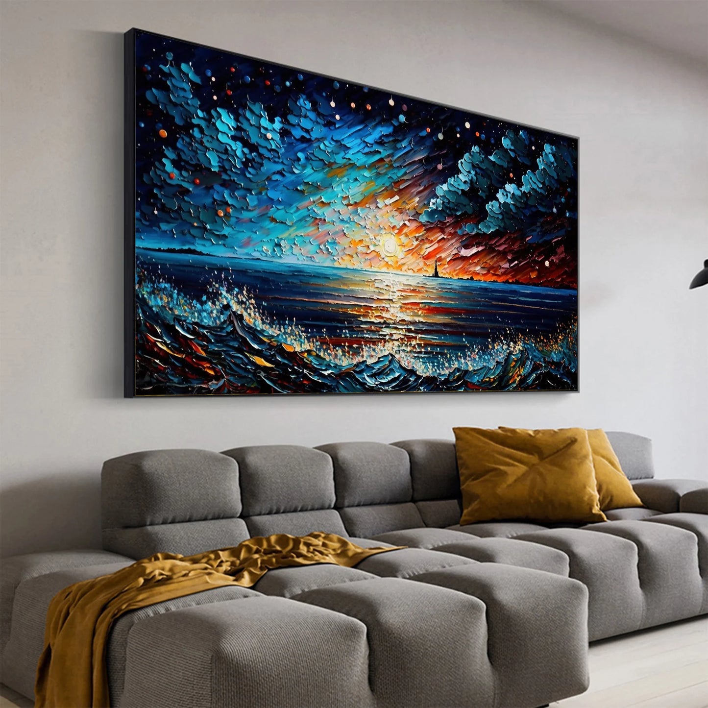 Sea and waves night sky oil painting handmade