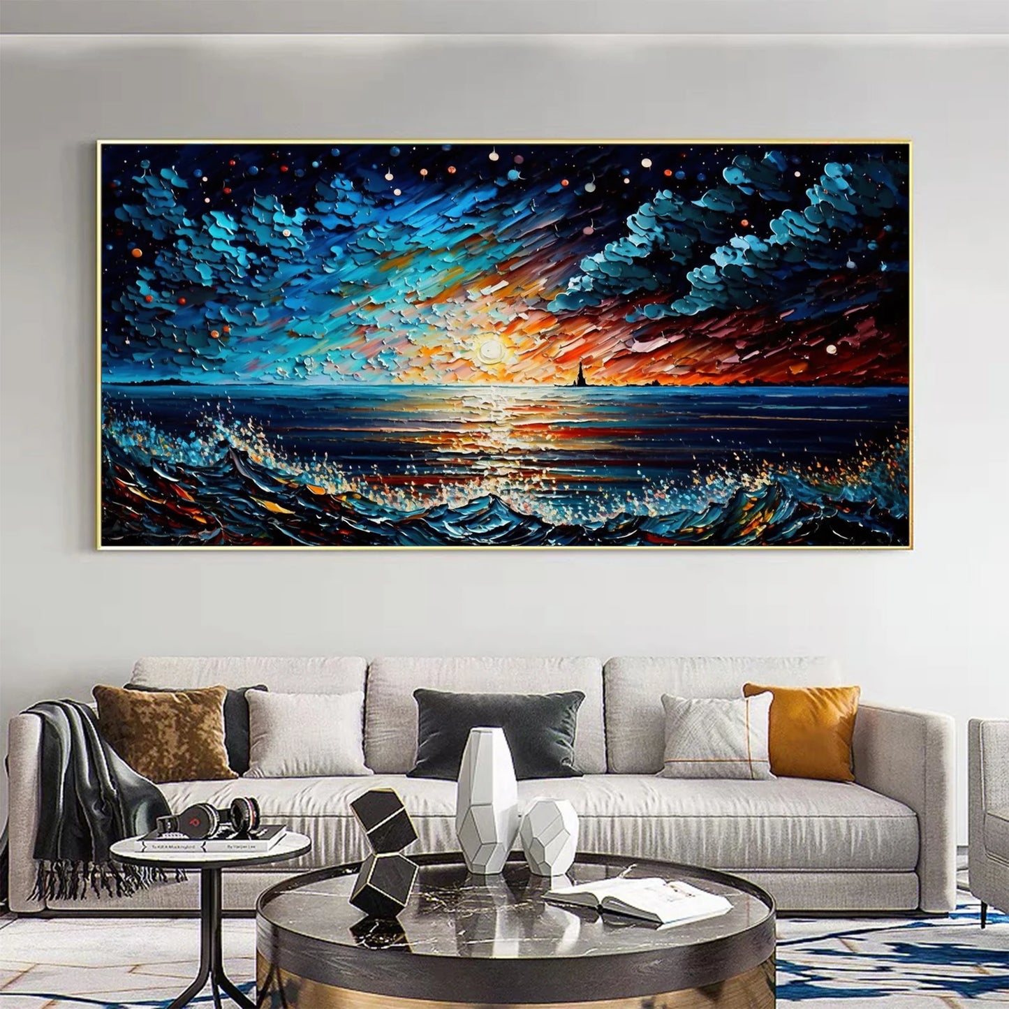 Sea and waves night sky oil painting handmade