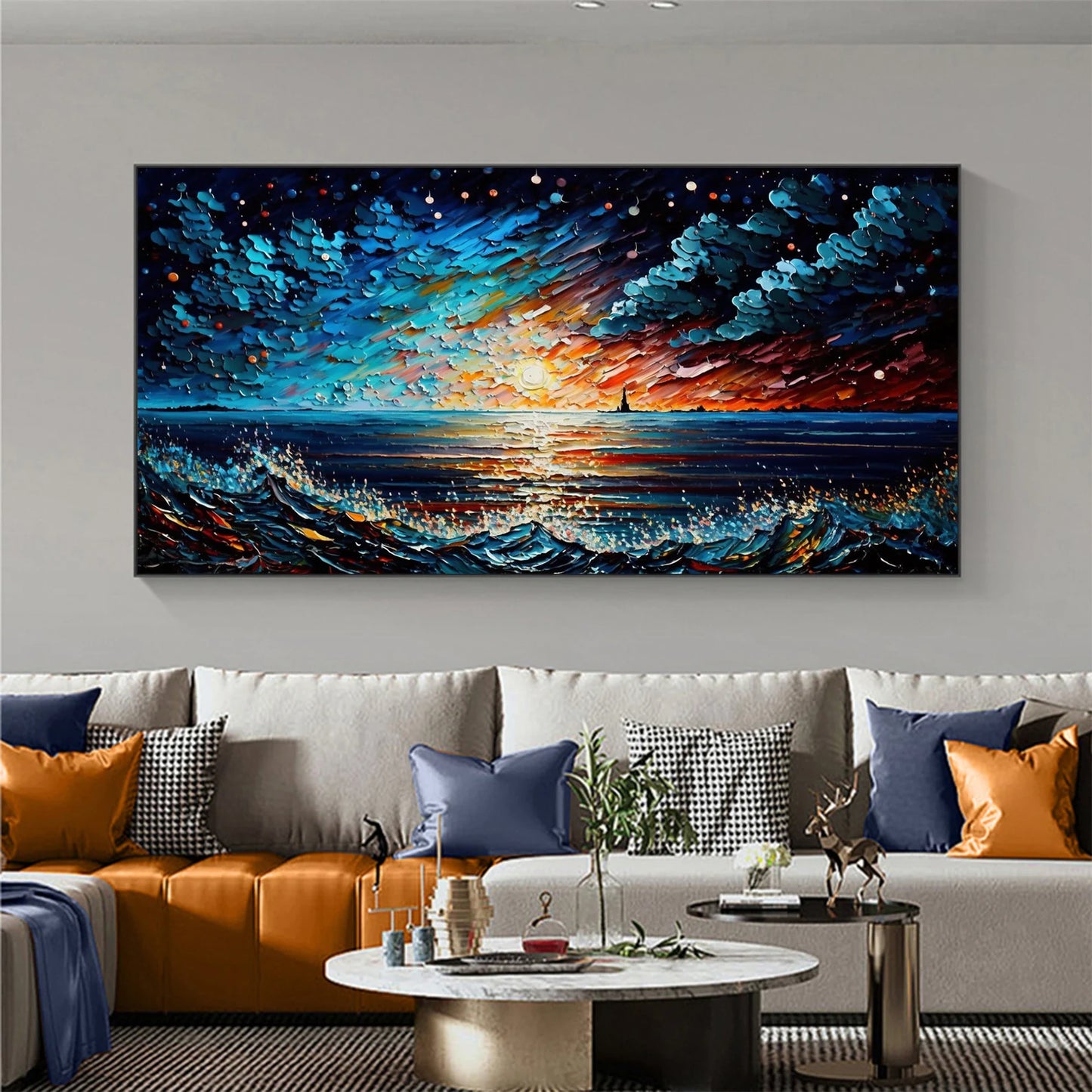 Sea and waves night sky oil painting handmade