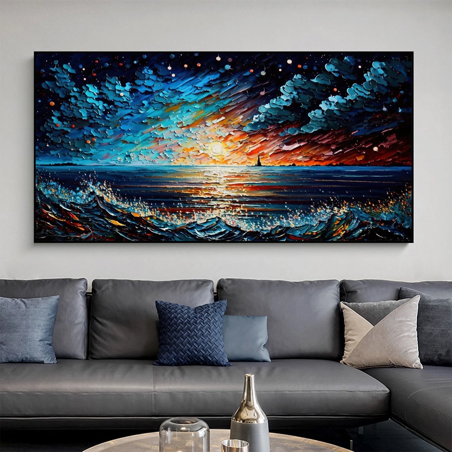 Sea and waves night sky oil painting handmade