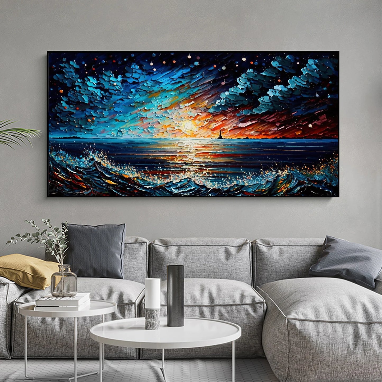 Sea and waves night sky oil painting handmade