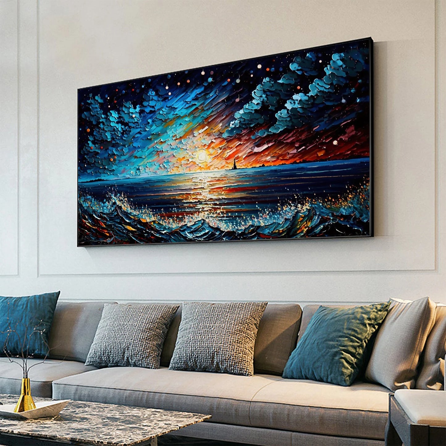 Sea and waves night sky oil painting handmade