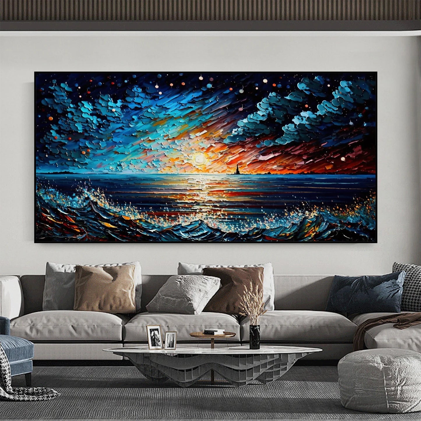 Sea and waves night sky oil painting handmade