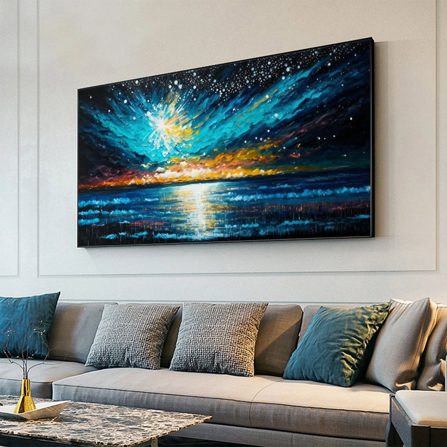 Sea and night sky oil painting Handmade