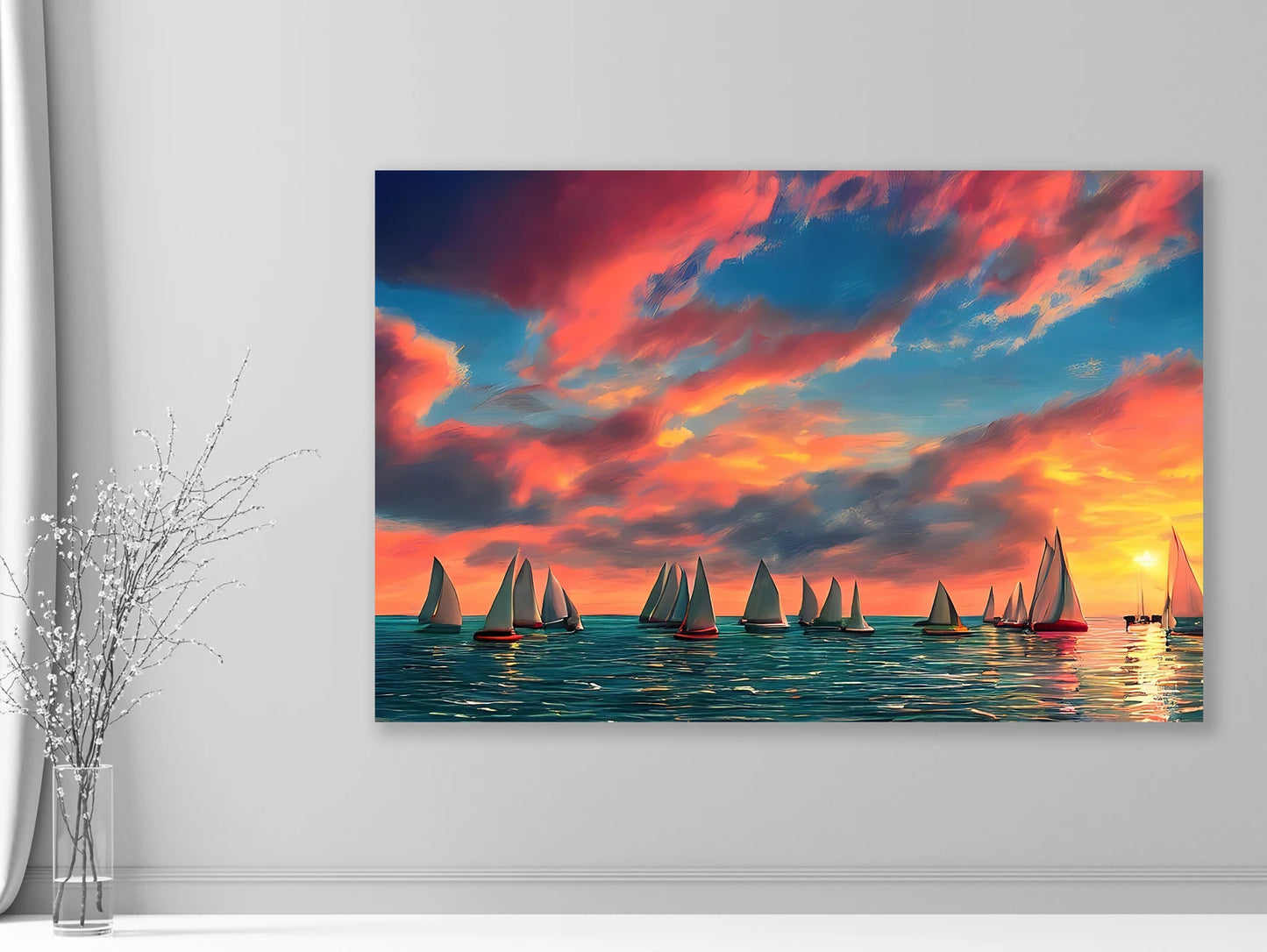 Boats on Sea Sunset Canvas